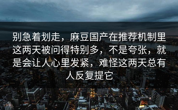 别急着划走，麻豆国产在推荐机制里这两天被问得特别多，不是夸张，就是会让人心里发紧，难怪这两天总有人反复提它
